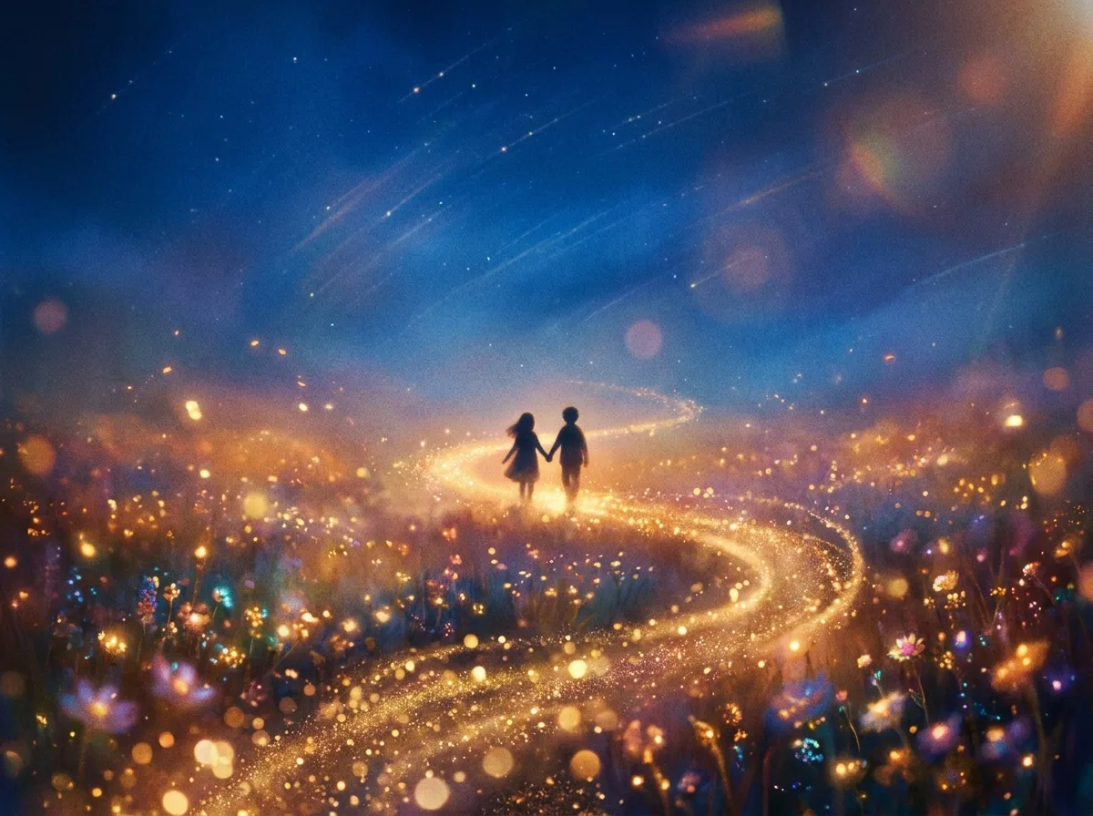 Two figures walking together along a glowing path through a sparkling twilight field