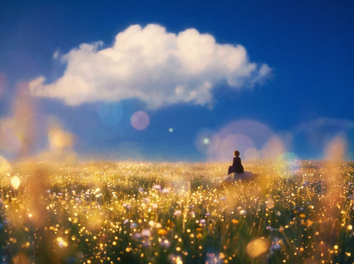A lone figure sitting in a dreamy sunlit field of sparkling wildflowers