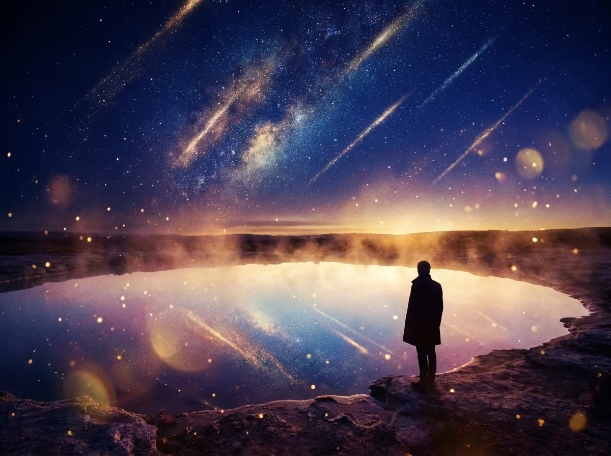A figure and their reflection in a glowing pool beneath a cosmic sky of streaking starlight